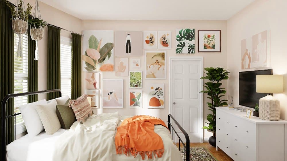 Bedroom with a gallery wall and green curtains